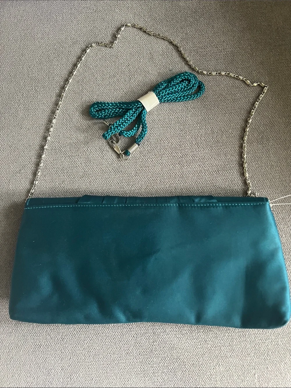 Vintage Teal and Rhinestone Evening Clutch with Chain and Cord Strap